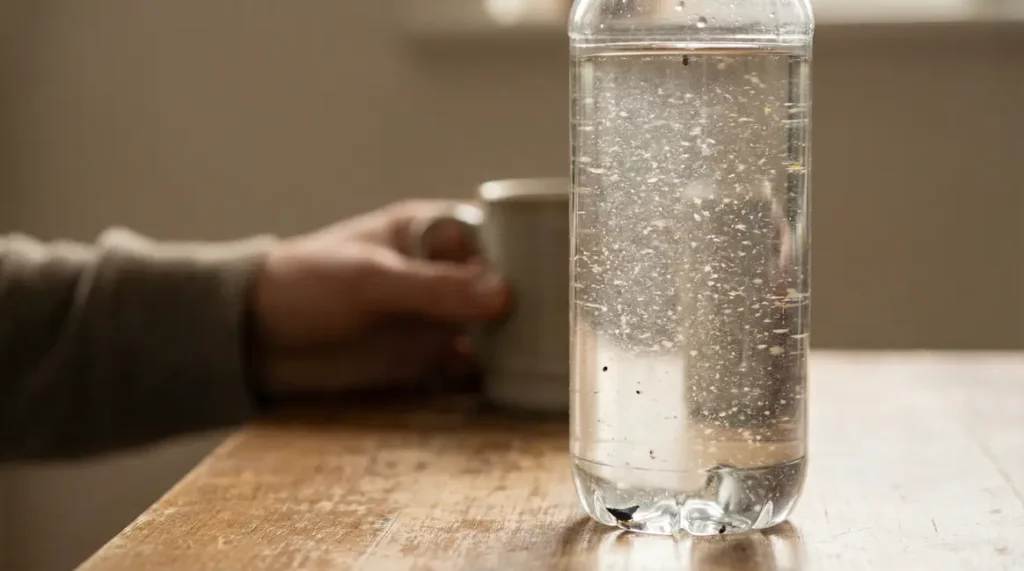 Bouteille plastique eau contaminée microplastiques sur table