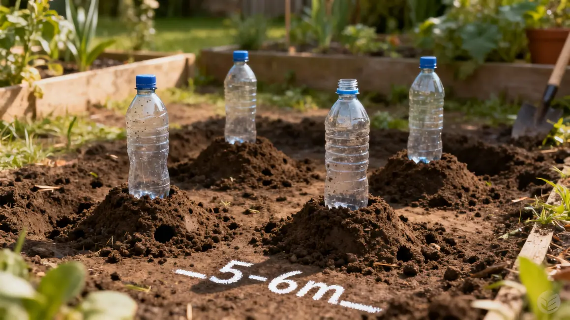 Bouteilles plastique enterrées autour taupinières intervalle 5-6m