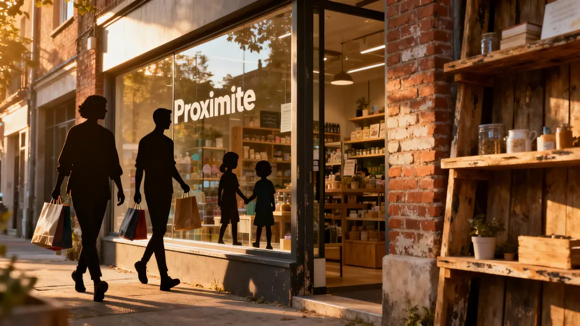 Boutique moderne quartier, acheteurs sacs, texte proximité en vitrine