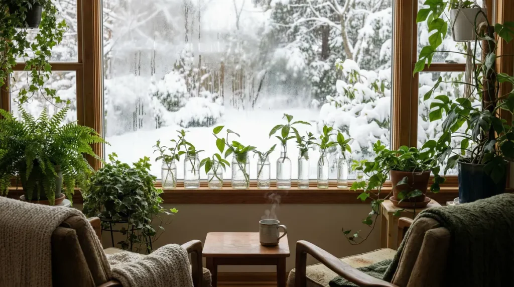 Verres bouturage salon hiver vitré neige ambiance végétale