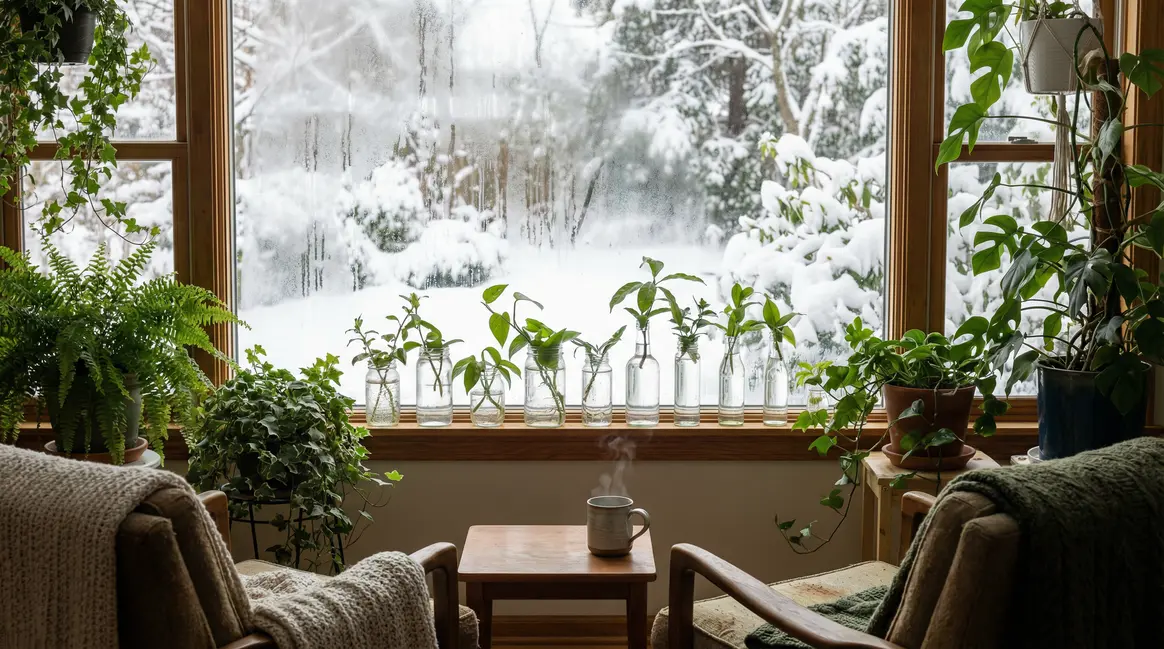 Verres bouturage salon hiver vitré neige ambiance végétale
