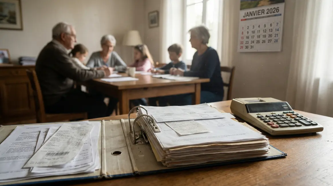 Classeur papiers administratifs calculatrice seniors famille bureau lumineux 2026