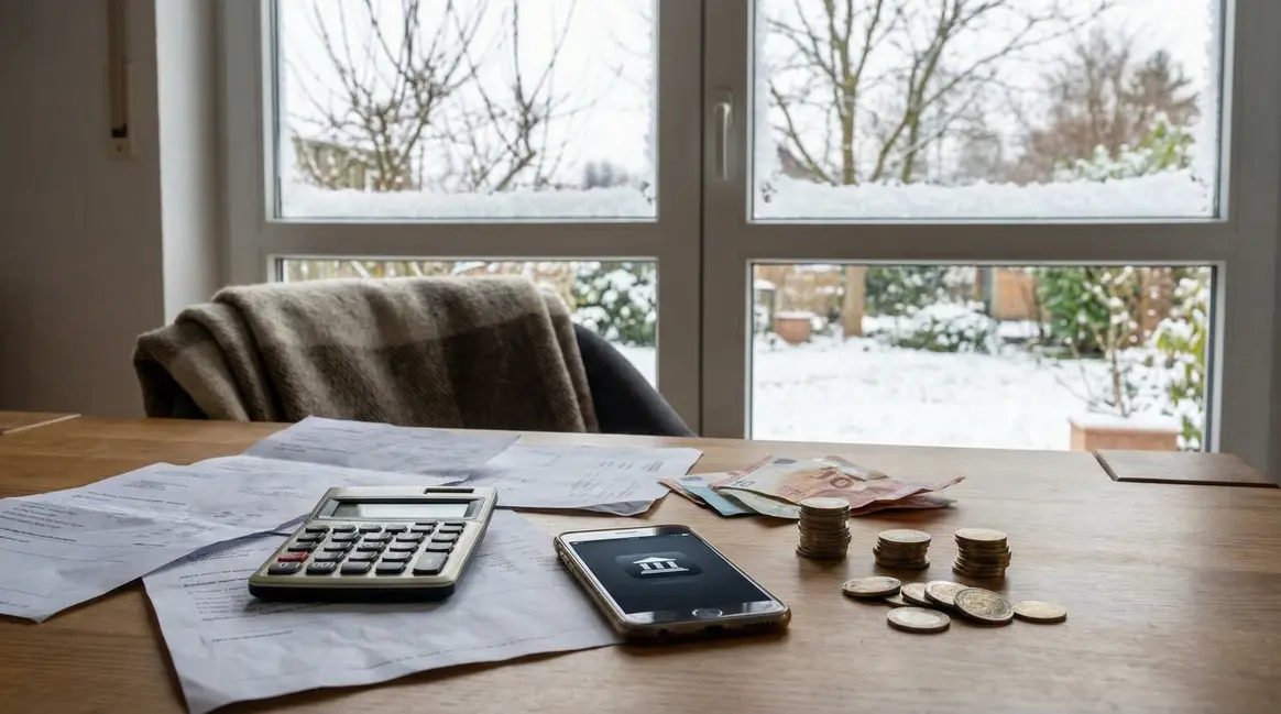bureau domestique avec relevés bancaires et smartphone, ambiance hiver