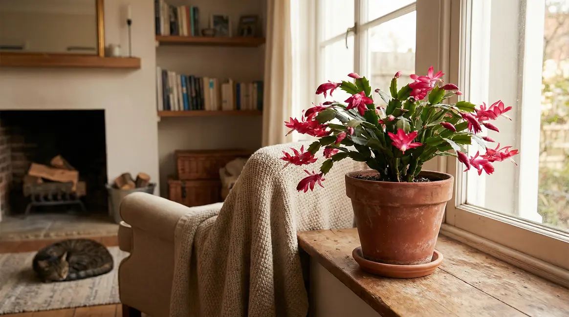 Cactus de Noël en fleurs intérieur lumière d'hiver