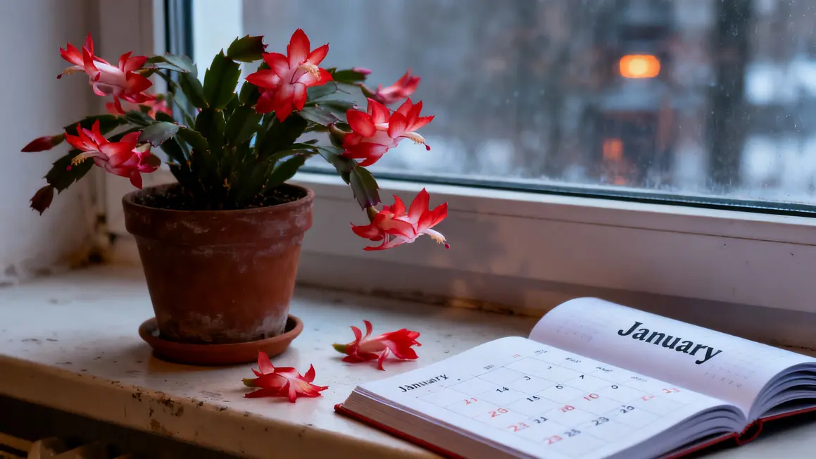 Cactus de Noël fleuri en janvier sur fenêtre