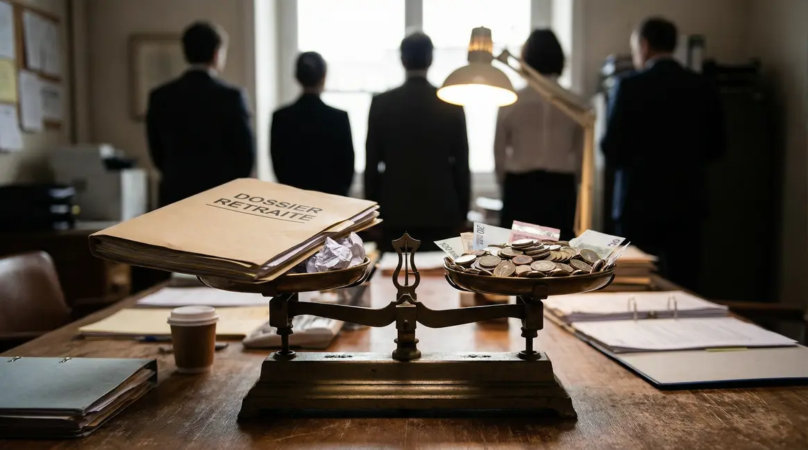 Balance avec dossier retraite et pièces, ambiance stress photorealiste