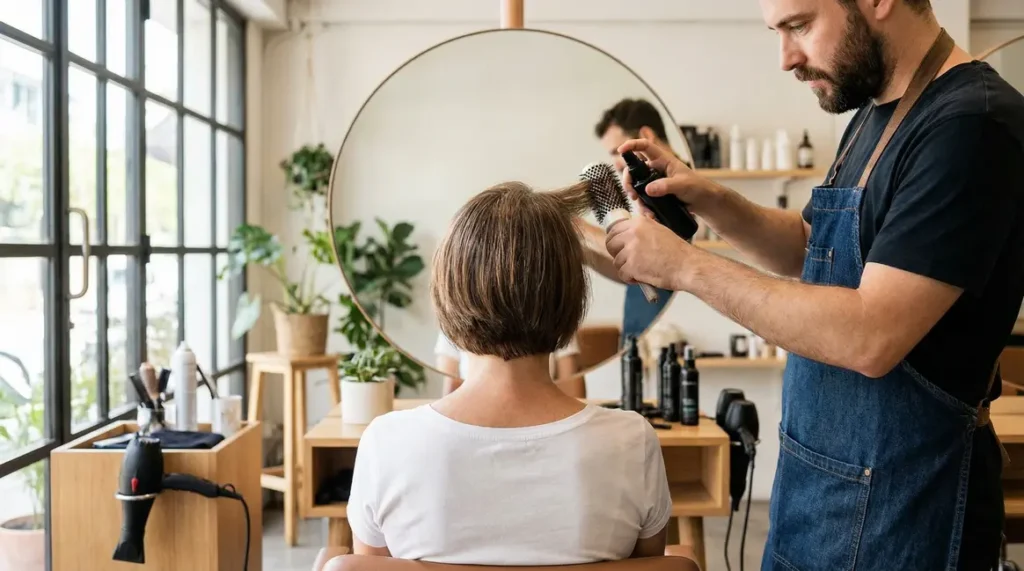 Femme cheveux fins se regarde après coupe papillon