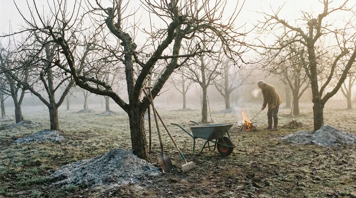 Scène hivernale jardin arbres fruitiers avec cendre cheminée