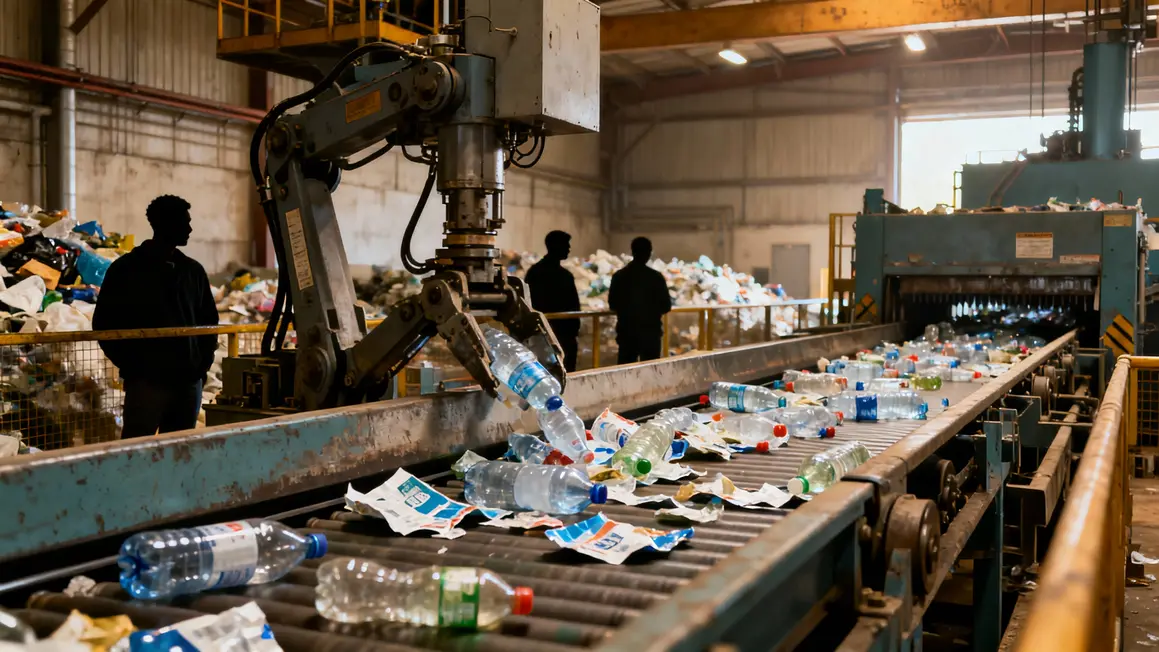 Centre de tri plastique, bouteilles sur tapis
