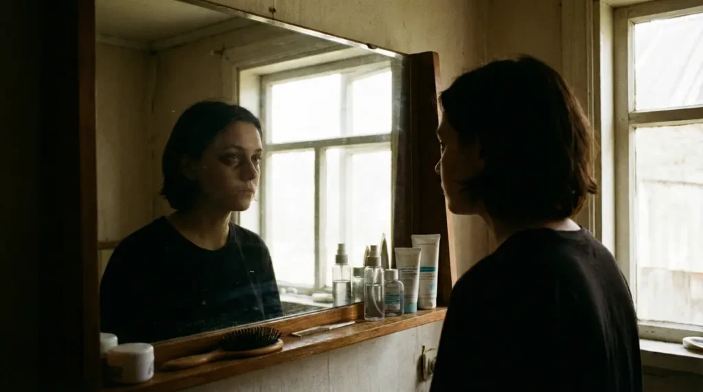 personne devant miroir ombre sous les yeux
