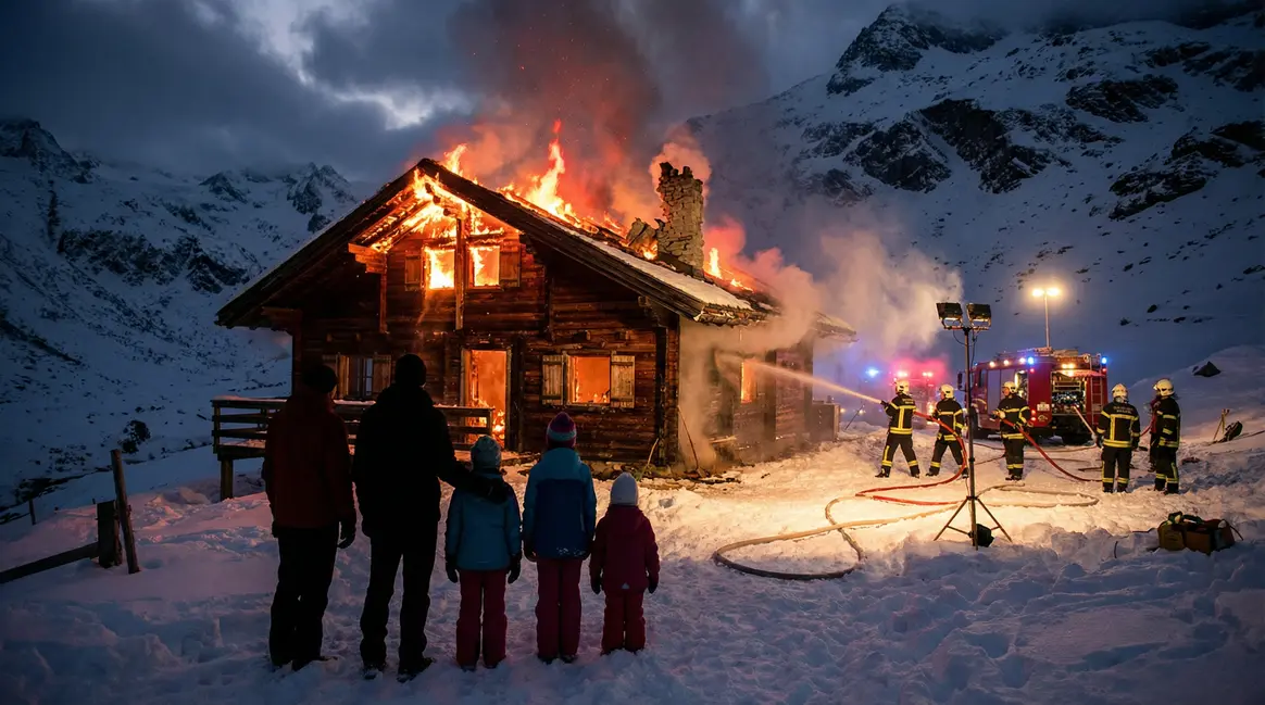 Pompiers devant chalet en feu montagne ramonage