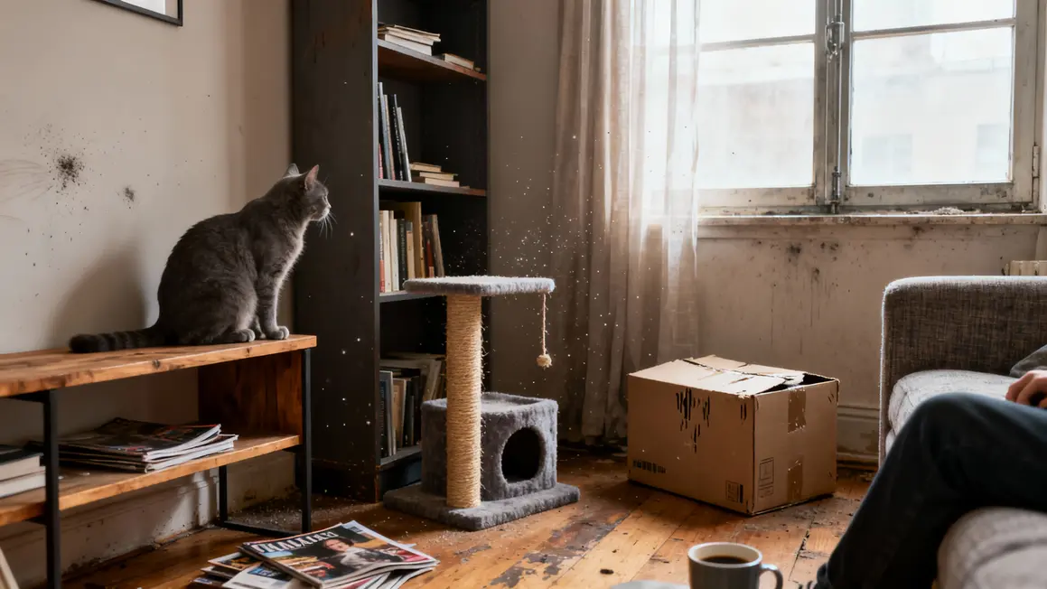 chat dans appartement moderne près arbre à chat et carton