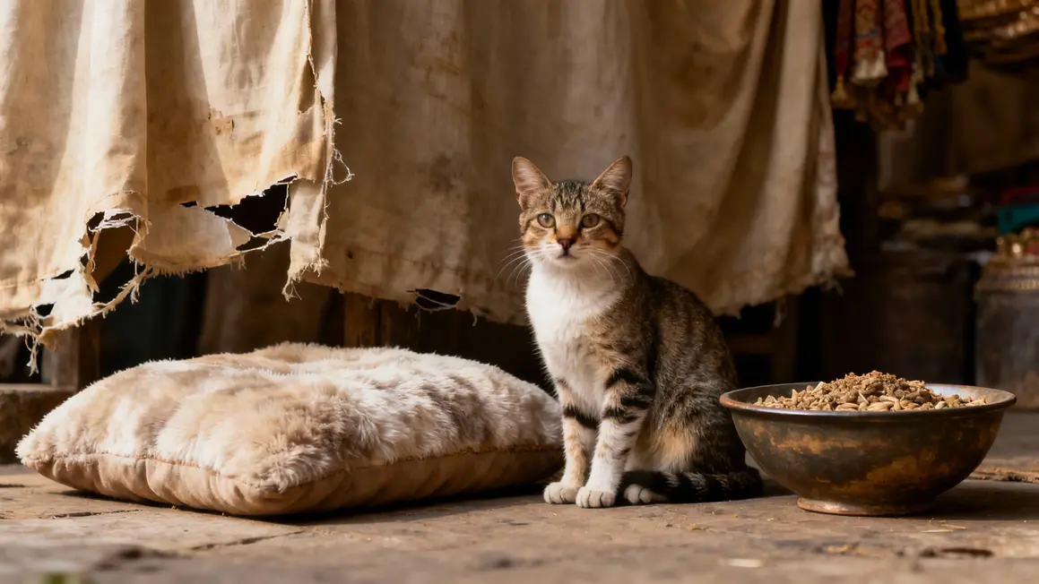 chat à côté coussin et gamelle rideaux abimés