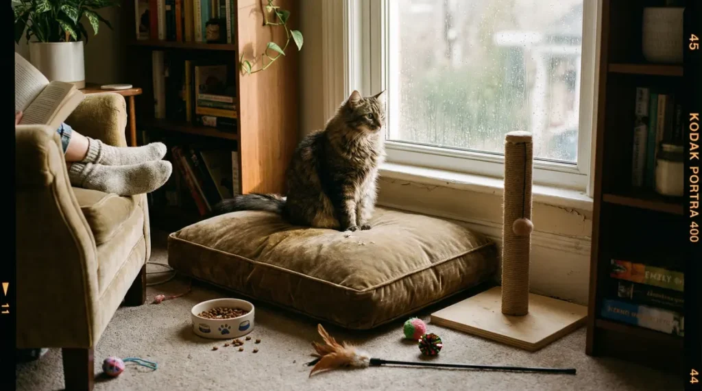 chat domestique regardant dehors sur coussin