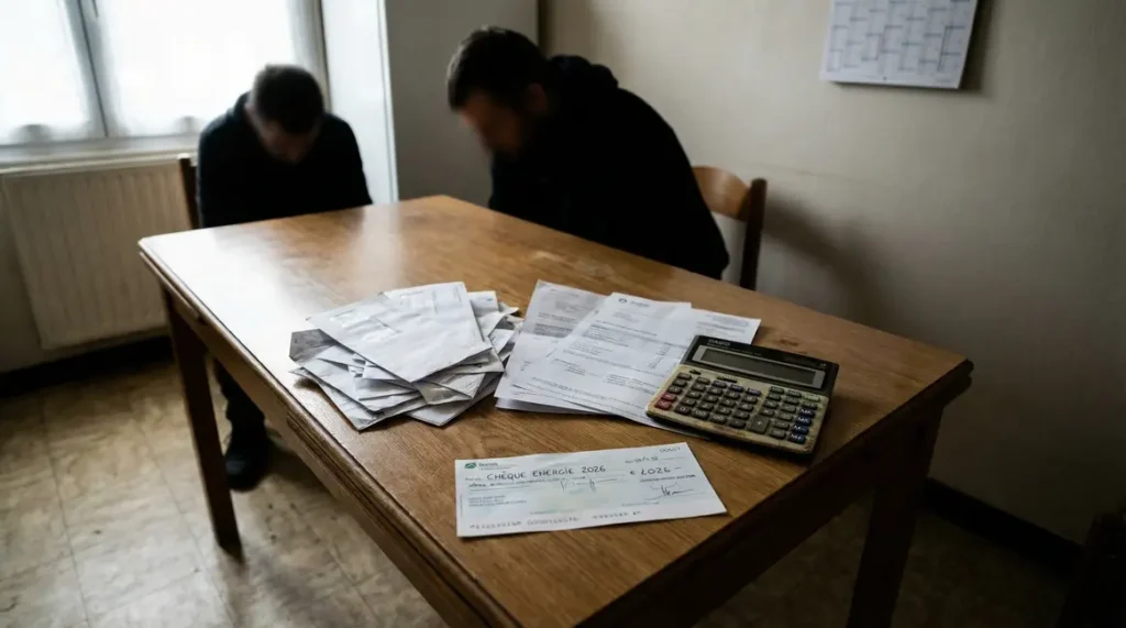 Photo cheque energie 2026 sur table modeste factures