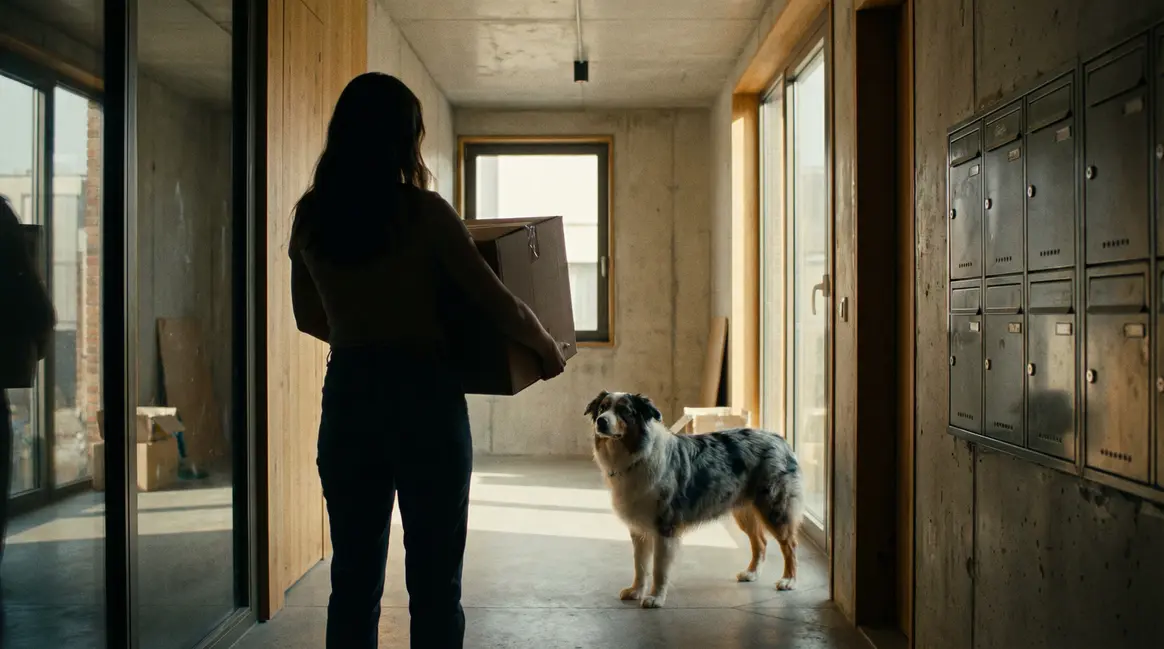 chien berger australien et femme couloir immeuble adoption