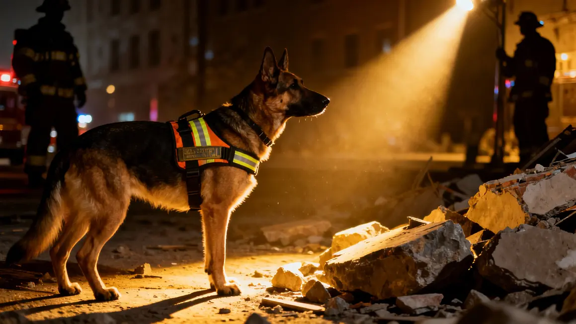 chien sauvetage harnais nuit debris pompiers