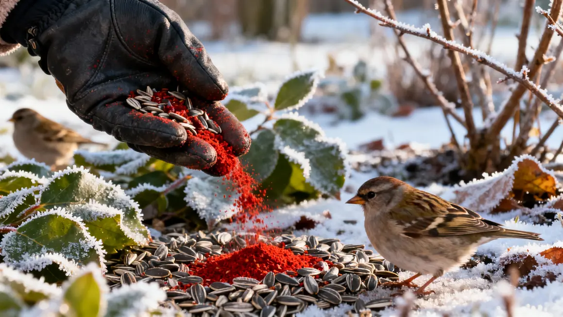 main met chili sur graines oiseaux mangeoire jardin hiver