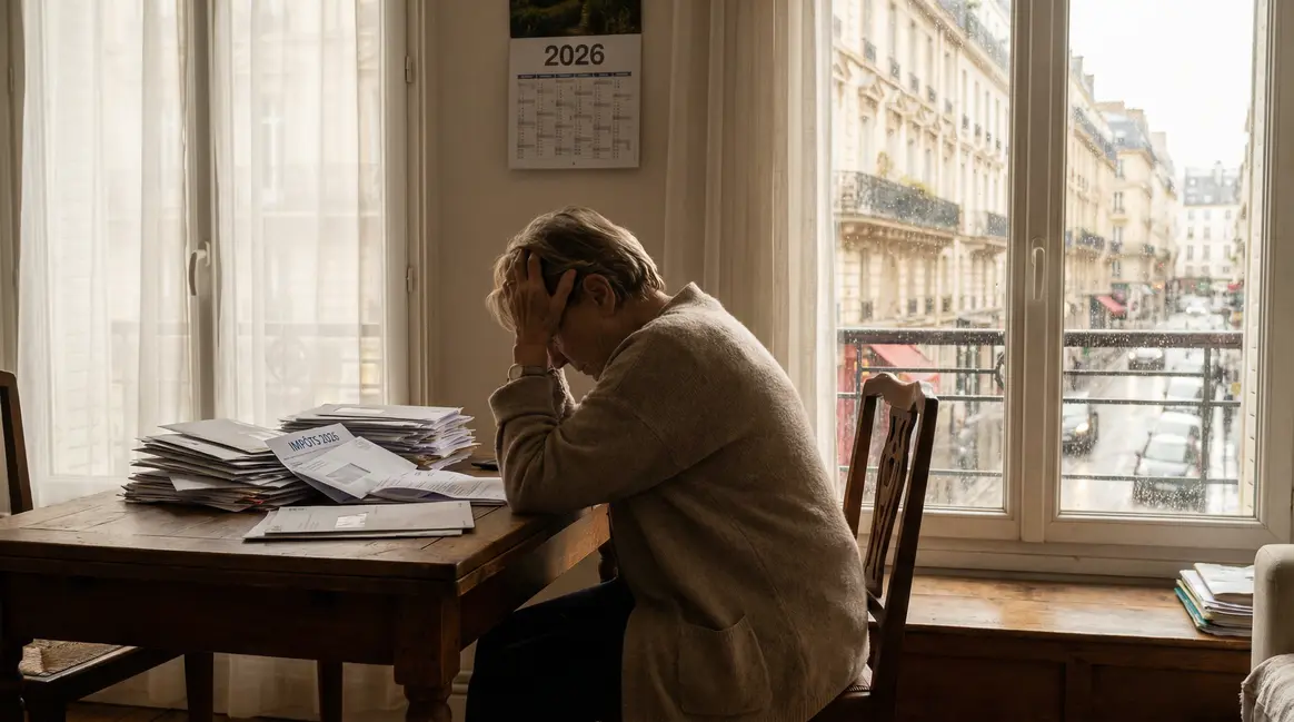 Femme senior anxieuse devant documents fiscaux retraite 2026