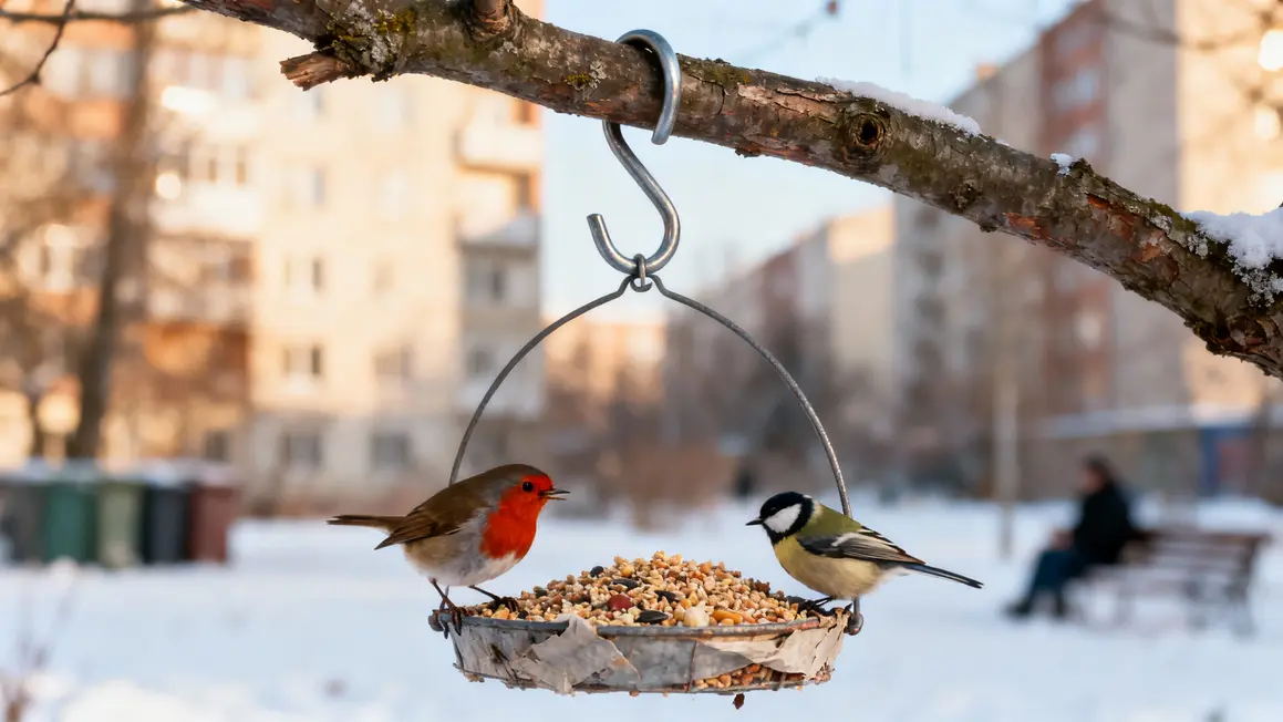 mangeoire cintre oiseaux rouges-gorges mesanges neige
