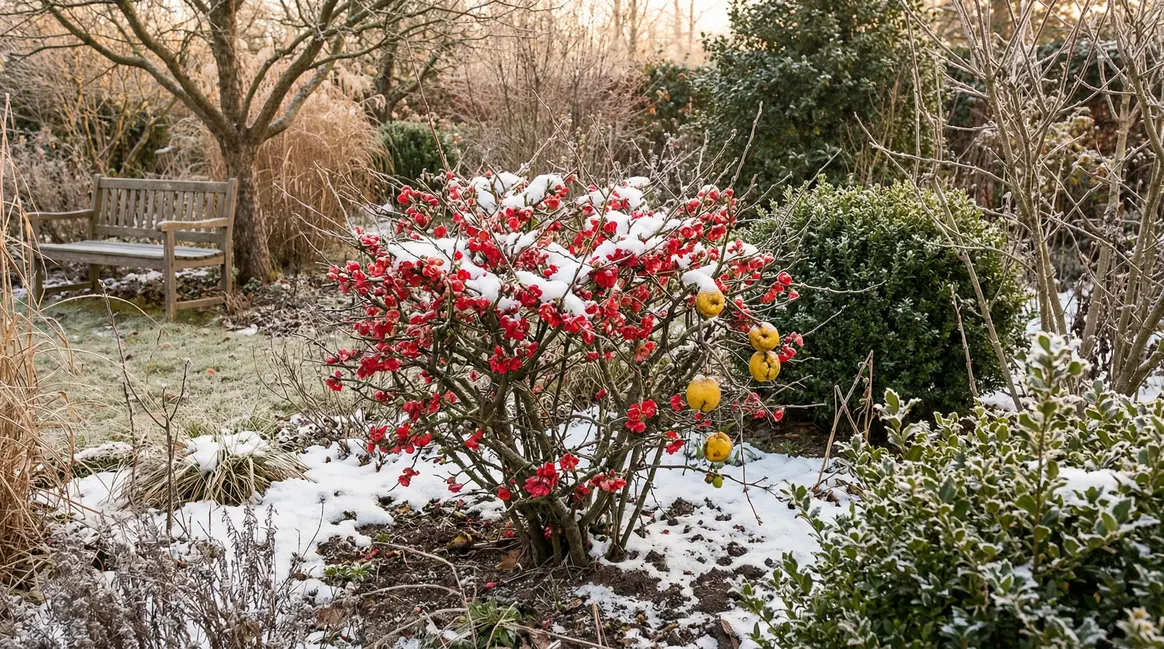Cognassier du Japon fleurs rouges neige fruits jaunes
