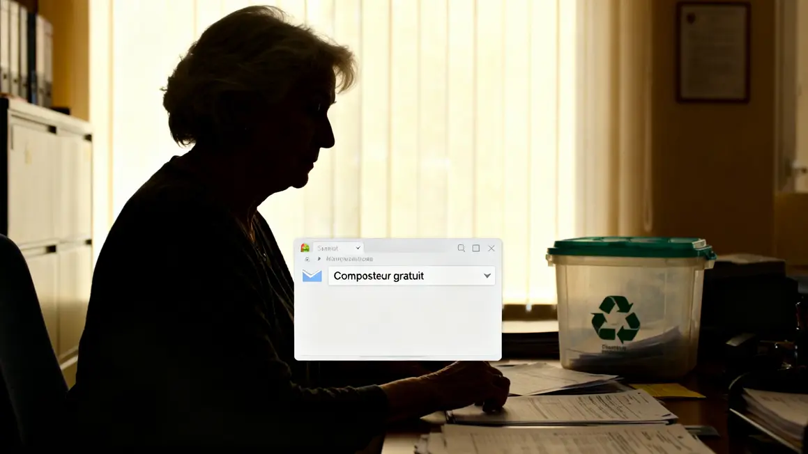 Femme devant un composteur et dossier, email composteur gratuit visible