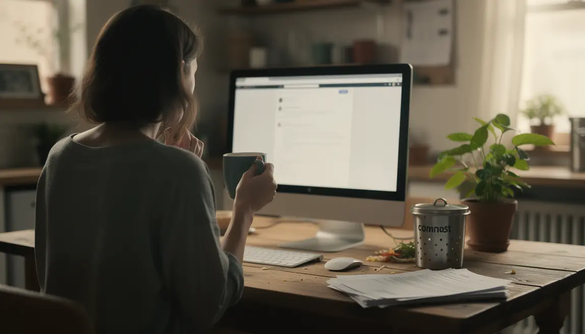 Femme lit un email sur composteur gratuit biodéchets à la maison