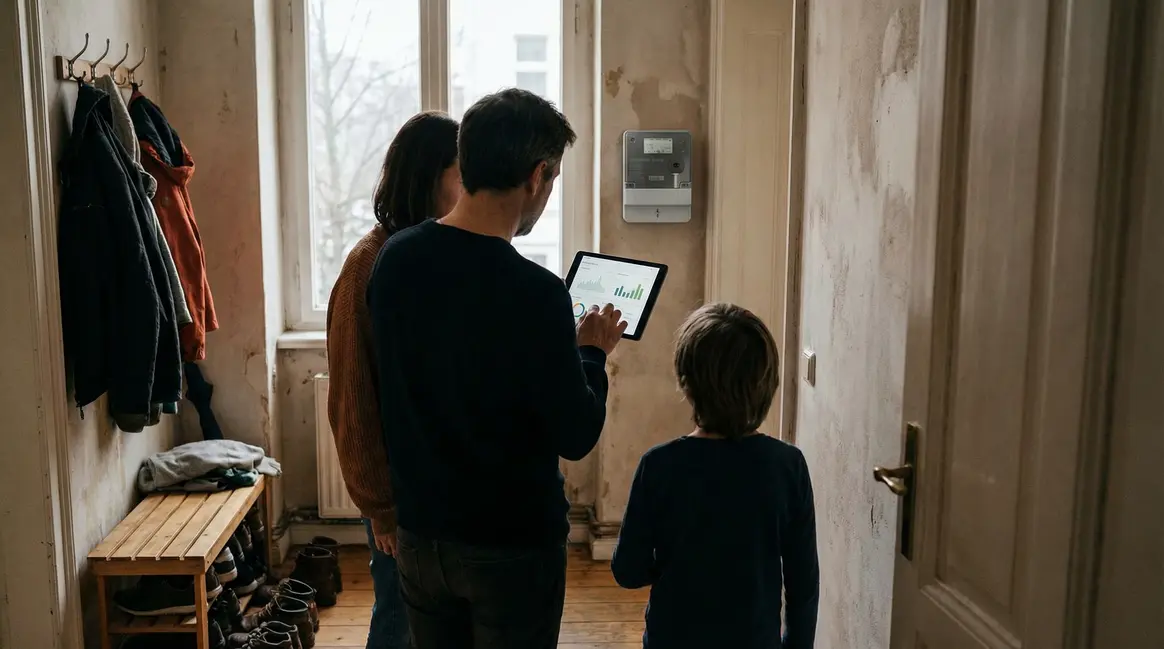 Famille vérifie abonnement EDF devant compteur Linky