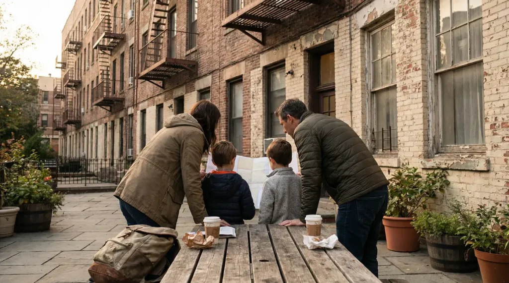 Famille devant immeuble document allocation familiale CAF