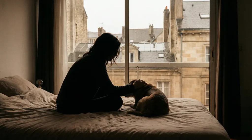 personne caresse chien malade chambre france