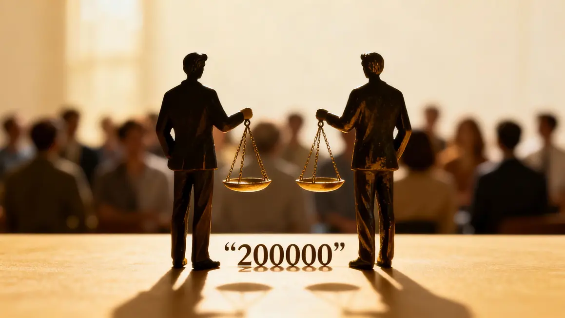 Balances de justice et dossier retraite, chiffre 200000, foule floue