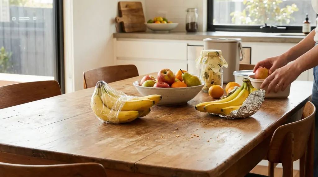 Bananes tiges film alimentaire aluminium fruits conservation cuisine