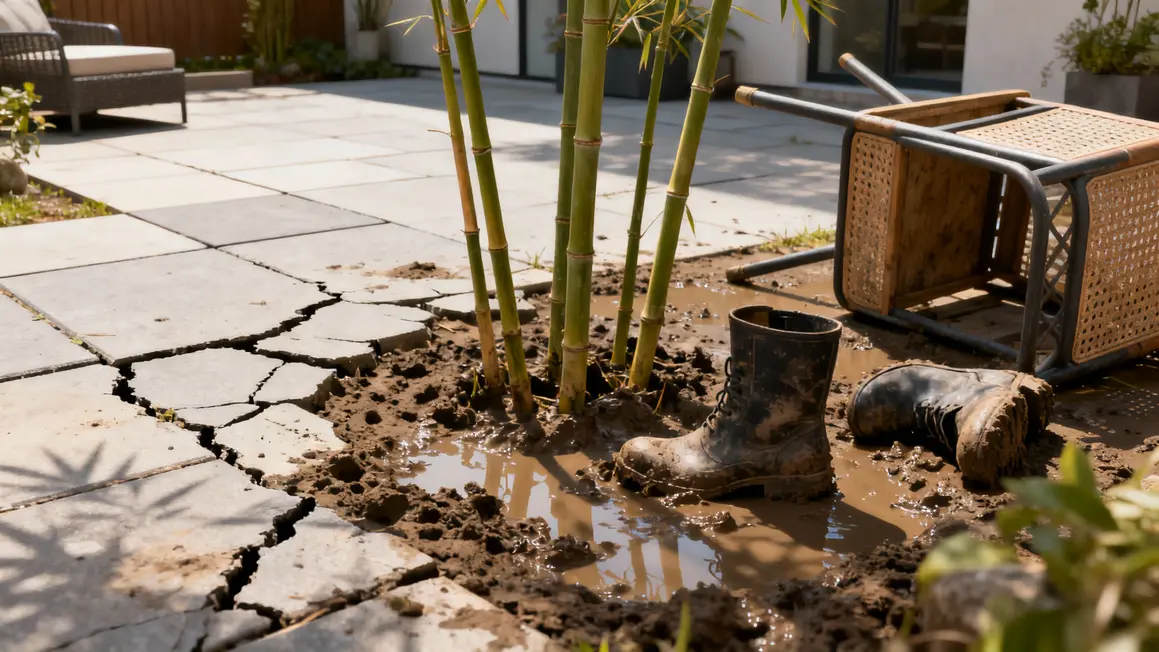 Cour jardin fissurée inondation tiges bambou boue
