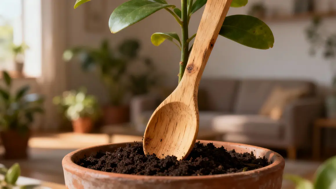Cuillère bois humidité pot plante hiver