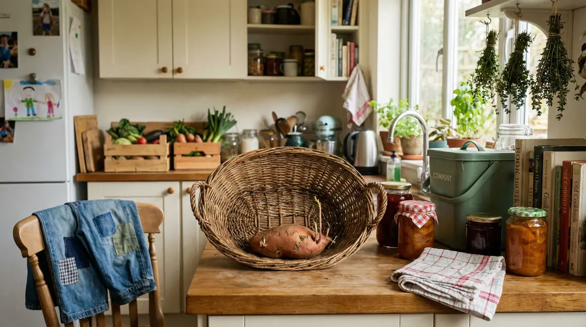 Patate douce flétrie dans une cuisine, symbole autonomie et gaspillage