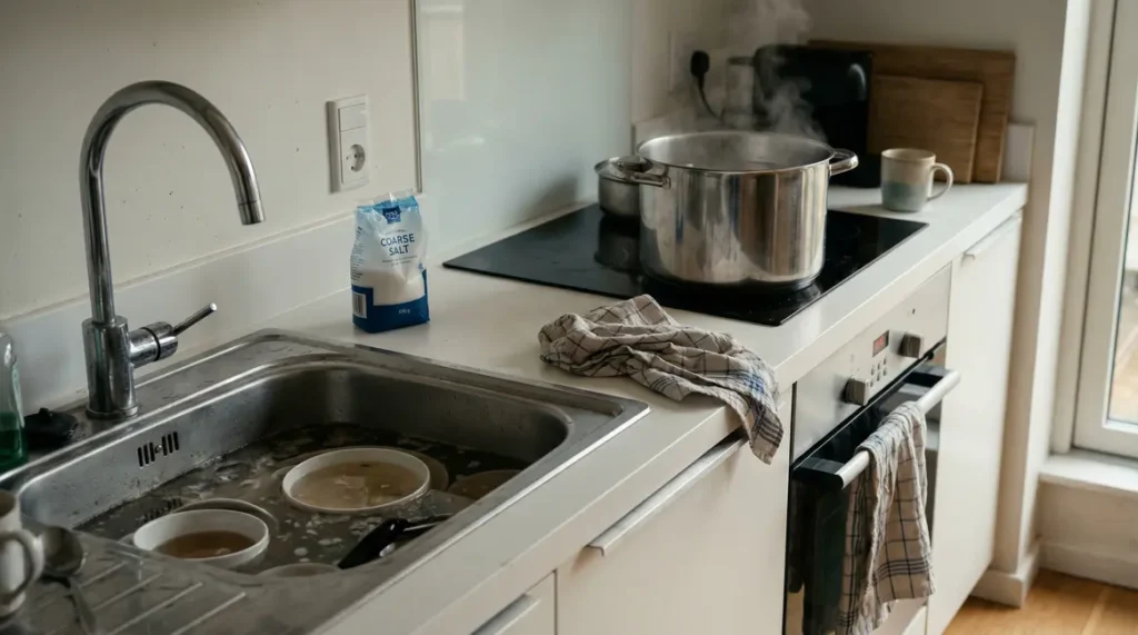Cuisine avec évier bouché sel eau bouillante