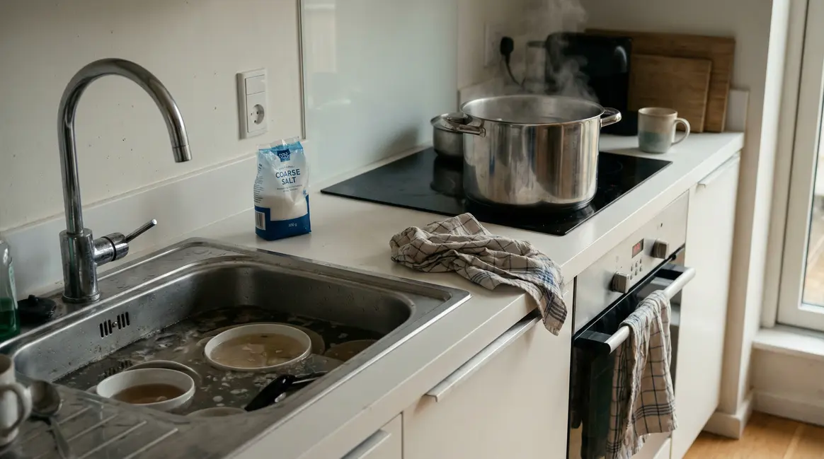 Cuisine avec évier bouché sel eau bouillante