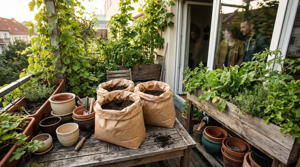 Culture de pomme de terre en sac sur balcon urbain