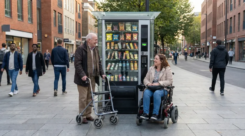 Senior et personne à mobilité réduite devant un distributeur automatique accessible