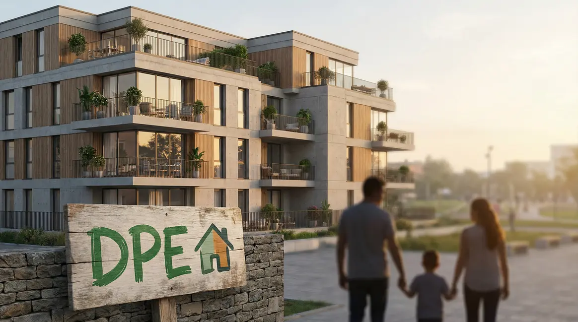 Immeuble moderne et familles heureuses, DPE affiché