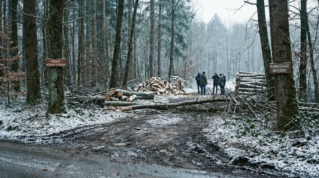 Personnes devant bois tombé forêt panneau interdiction hiver
