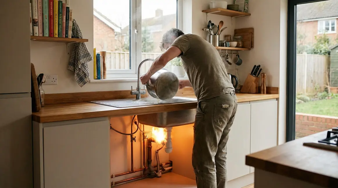 Cuisine moderne, eau bouillante versée dans évier, danger tuyaux