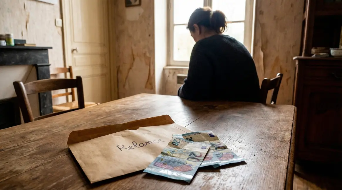 Enveloppe relance, billets 20 euros, femme anxieuse, intérieur modeste