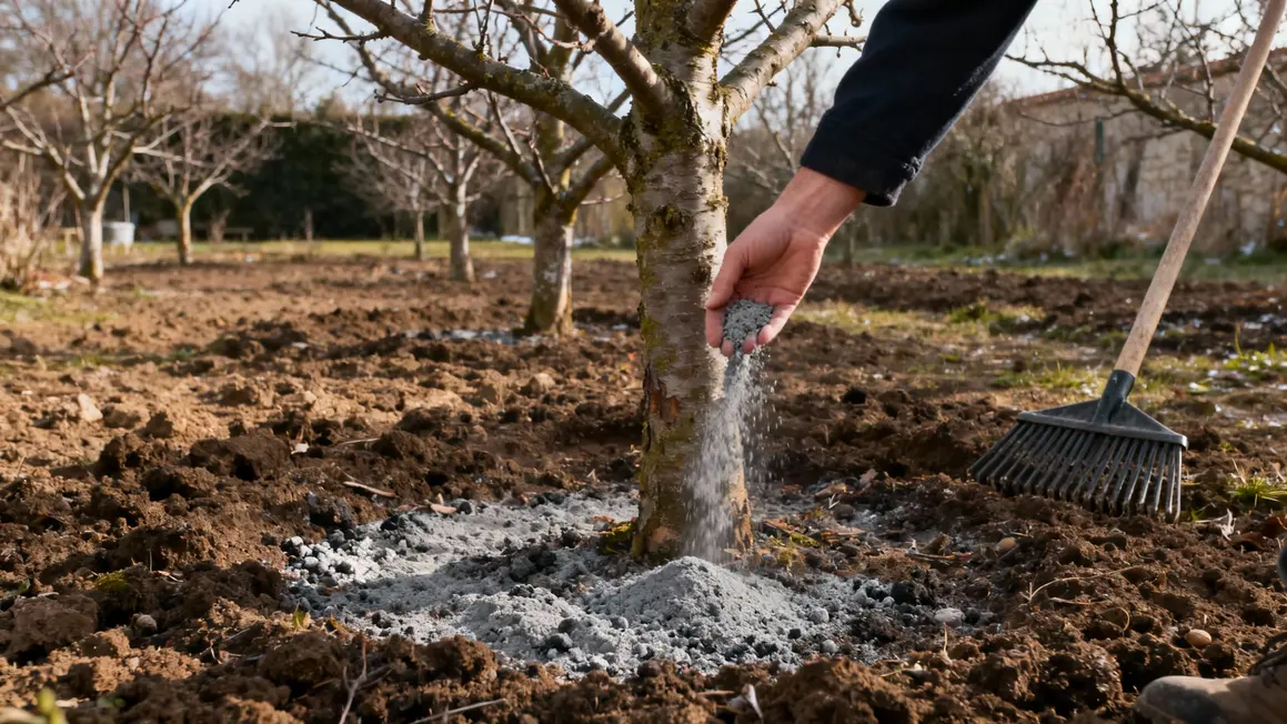 Jardin janvier sol nu arbre fruitier cendre cheminée