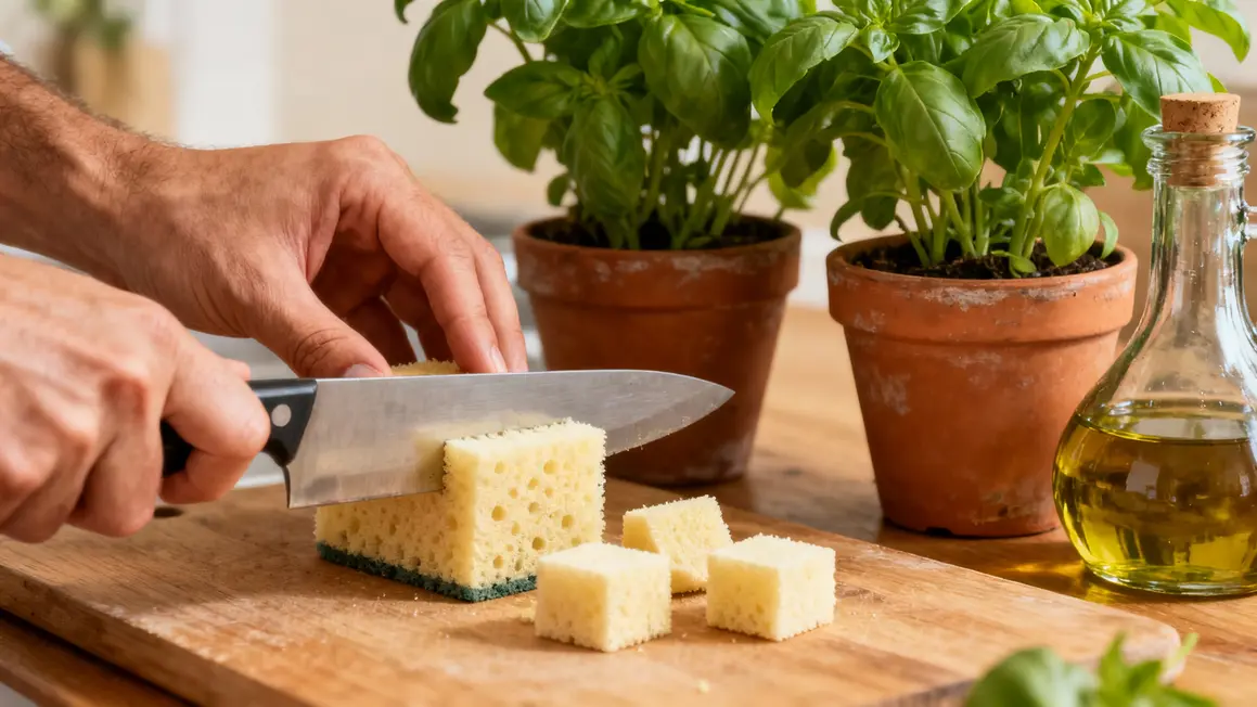 Mains decoupent eponge cubes sous basilic pots jardin