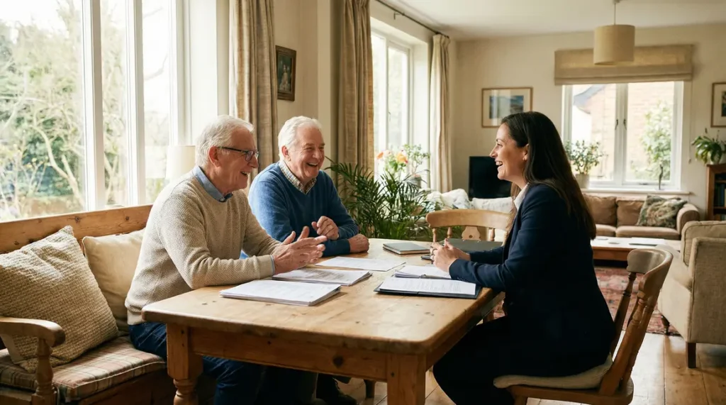 Seniors discutant avec un professionnel pour exonération plus-value immobilière