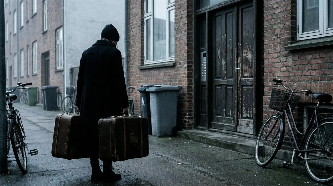 Femme devant porte appartement valises expulsion locative