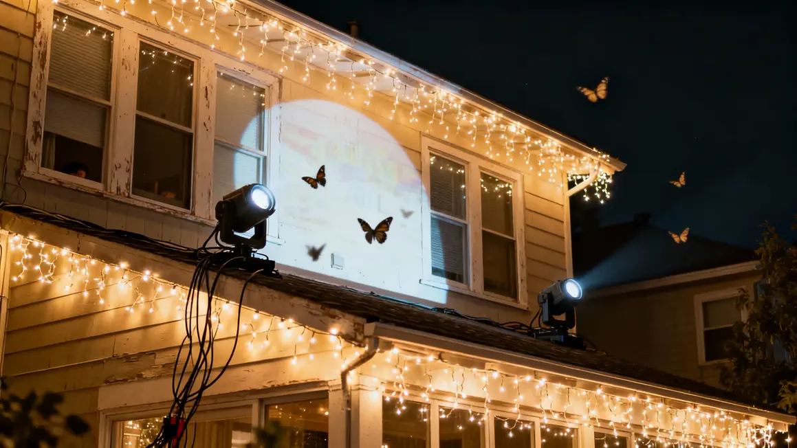 Façade maison suréclairée guirlandes lumineuses nuit papillons