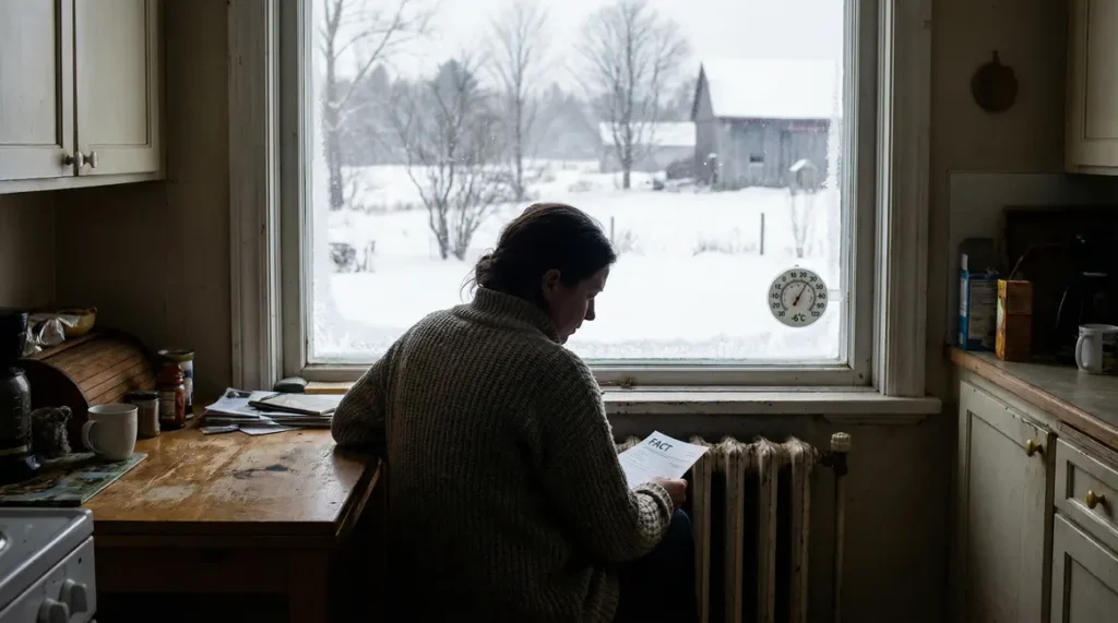 Femme regarde facture chauffage PAC devant radiateur et paysage neige