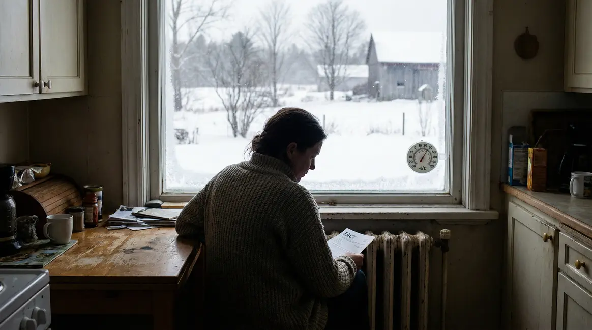 Femme regarde facture chauffage PAC devant radiateur et paysage neige